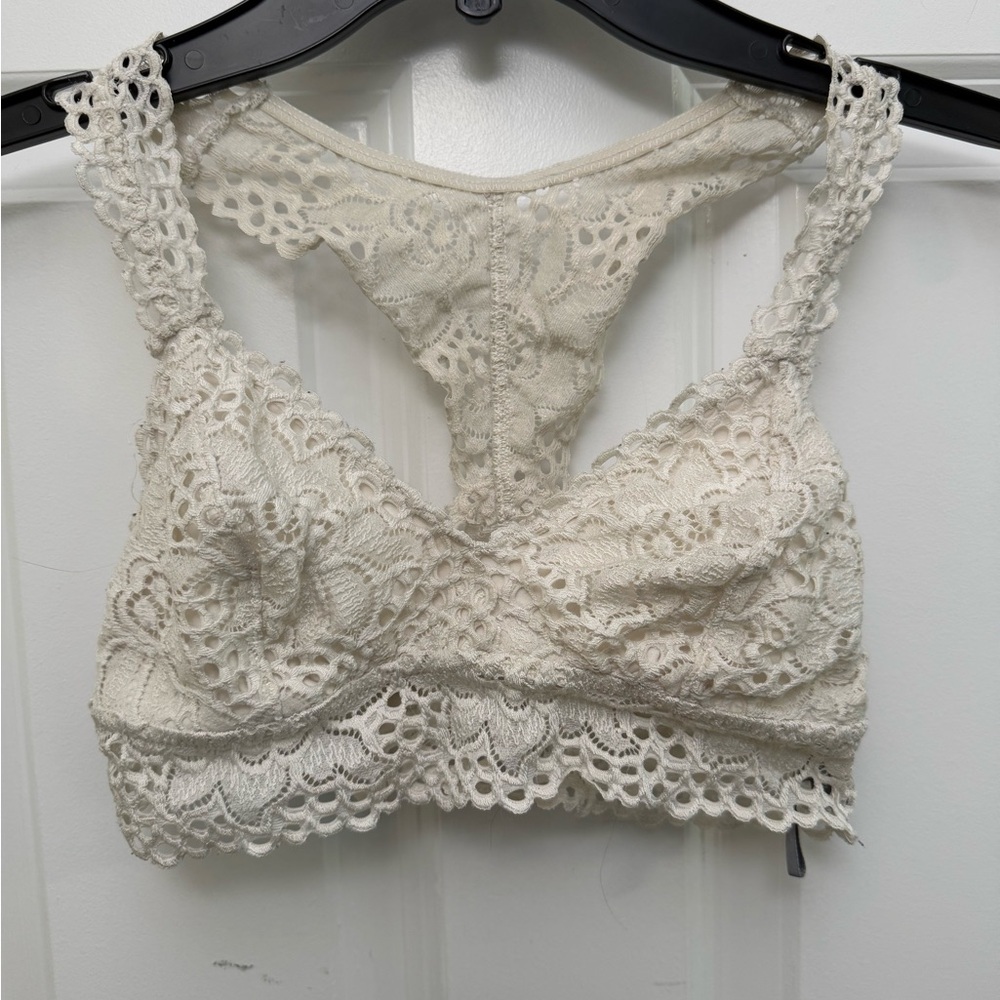 Aerie Cream Lace Bralette with Floral Racerback